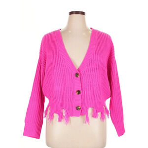 Polly & Esther Pink Fringe Cardigan XL Chunky Knit Button Front Cropped